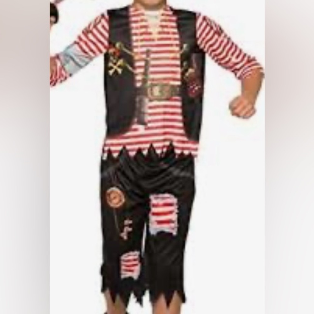 Childs Med.(5) Pirate Costume 4 pieces,elastic waist pants & top and hat & map.